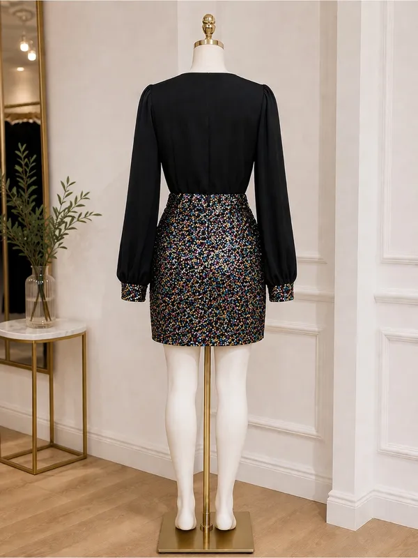 SheIn Black Long-Sleeve Sequin Mini Dress-Large / Size 8-10 - Image 6