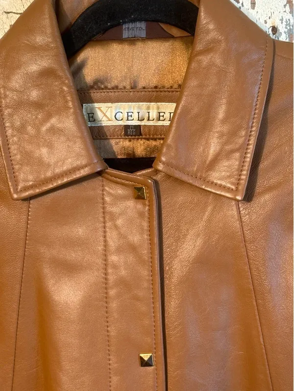 Excelled Tan Leather Coat Women's Jacket size Medium Brown - Image 2