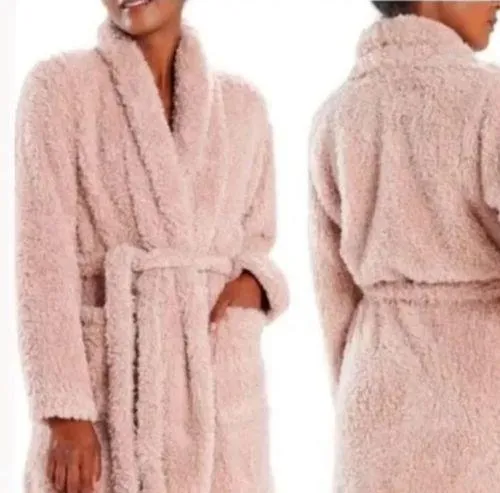 Natori Teddy plush fuzzy pink blush front pockets short robe, *missing belt* - Image 2