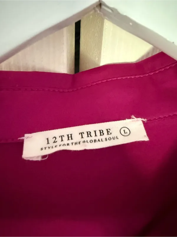 12th Tribe Hot Pink Satin Shiny Shirt Dress Button Down Collared Mini Large - Image 5
