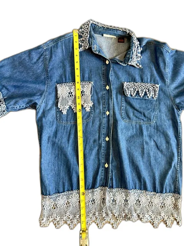 Specialtees Vintage 90s Embroidered Denim Shirt L Button Down Blue Boho - Image 5