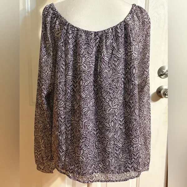 LOFT Purple & White Floral V-Neck Long Sheer Sleeve Blouse - Image 4