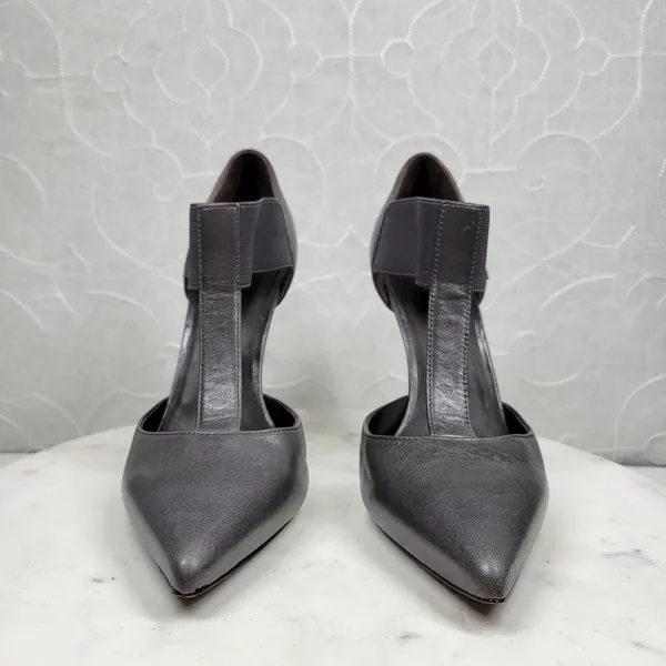 Elizabeth & James Stiletto Heels Womens 8 Gray Leather T-Strap Metal Spike Heel - Image 5