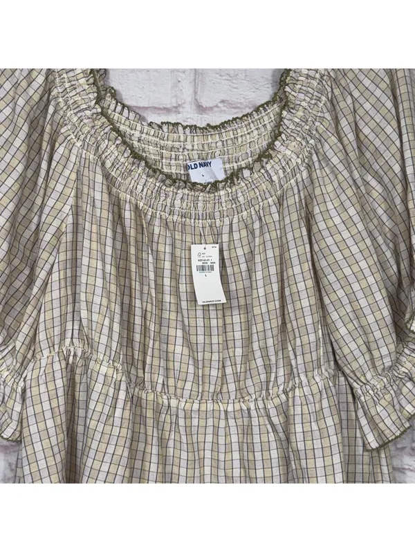 Old Navy Women’s Plaid Smocked Peasant Blouse Size Large Cottagecore Boho NWT - Image 2