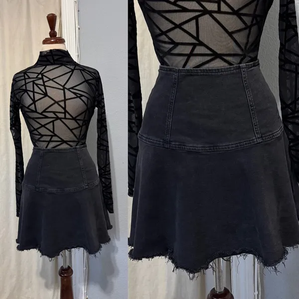 Free People Black Highlands Washed Denim A‎ Line Mini Skirt Distressed Raw Hem 0 - Image 2