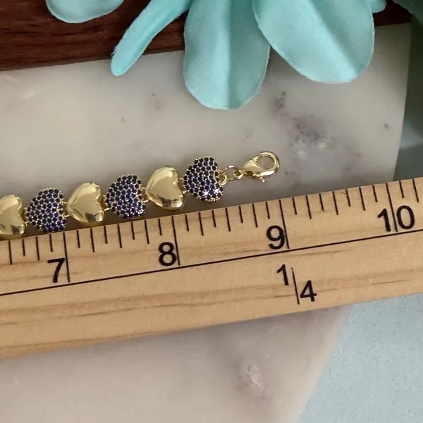 14K Gold Plated Womens Navy Blue Pave‎ Heart Link Adjustable Bracelet - Image 4