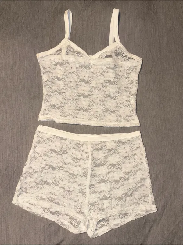 Shein Two Piece Set White Lace, Low Rise Shorts and Tank Top, Festival/Rave, S - Image 4