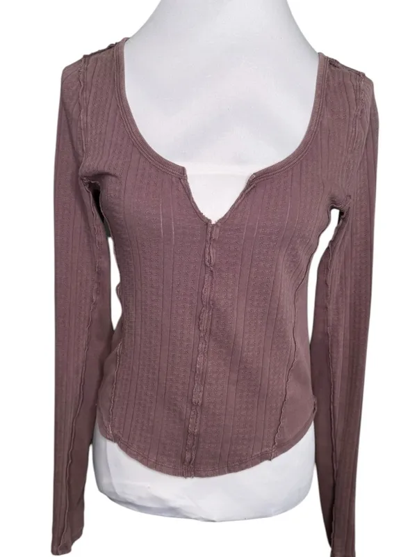 Free People We The Free Jamie Ribbed Henley Top Long Sleeve Mink Purple LARGE - Image 2