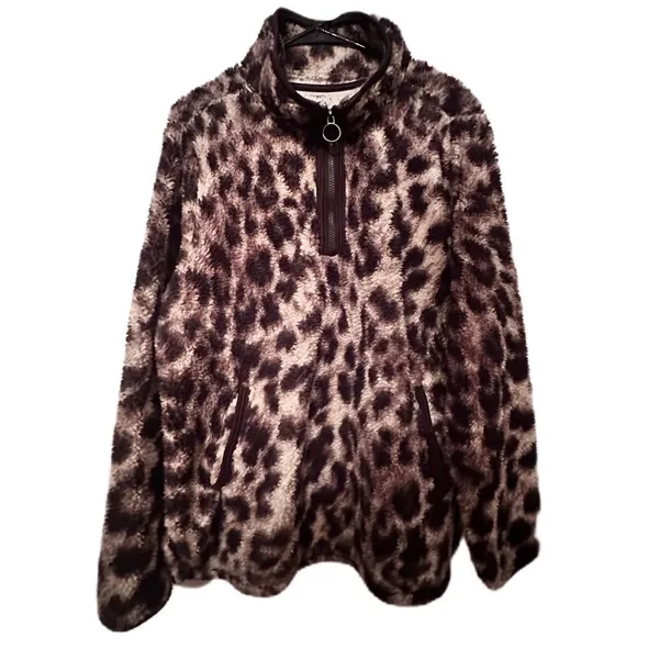 Cozy Sherpa Womens Leopard Print Fuzzy Fleece Pullover Half Zip Women Jacket XXL - Image 2