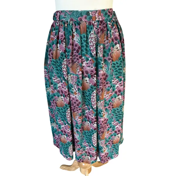 Campus‎ Casuals VTG 80s Midi Skirt M Pleated A-Line Peacock Feather Print Boho - Image 3