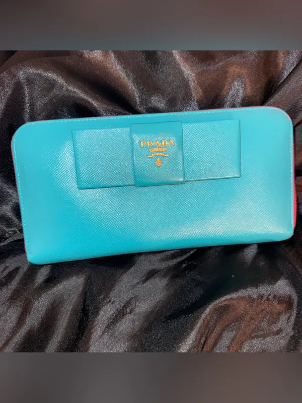 PRADA REWORK: Turquoise Saffiano Leather Bow Clutch with Gold Logo - Image 7