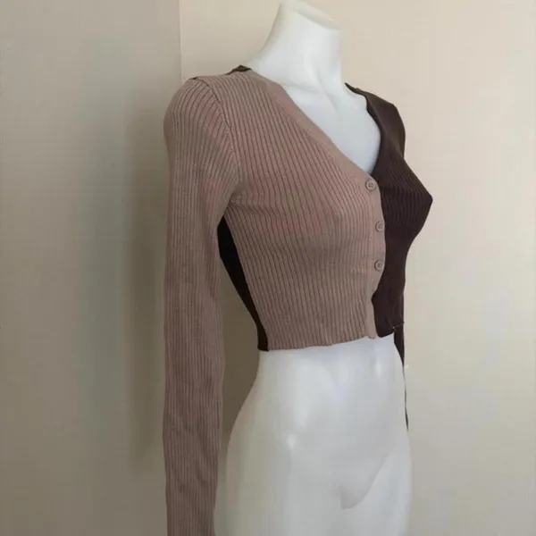 Garage Women’s Button Down Knit Crop Top in Beige & Brown, Small - Image 3