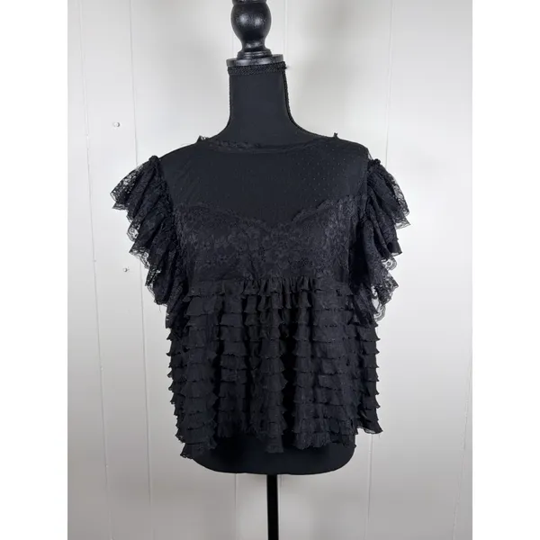 Maeve Anthropologie Black Ruffled Tulle Lace Blouse Sheer Polka Dot Mesh Top L - Image 2