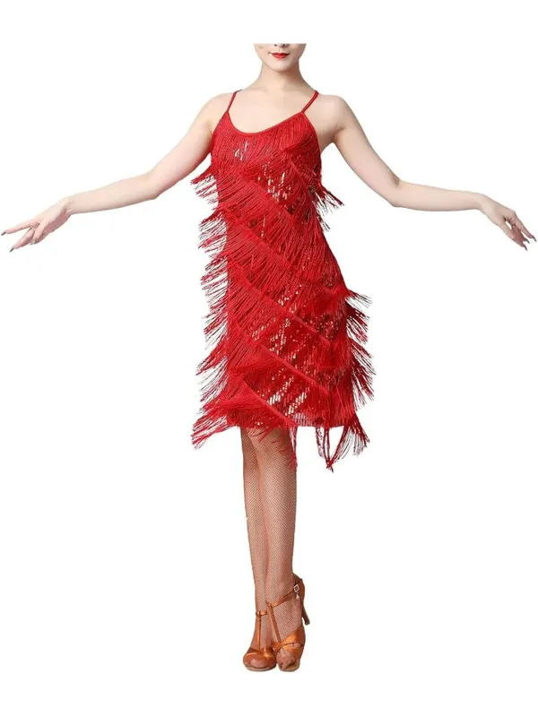 Women Salsa Latin Dance Dress Sequin Tassel Fringe Flapper Dress 1920s Costume S - Image 2