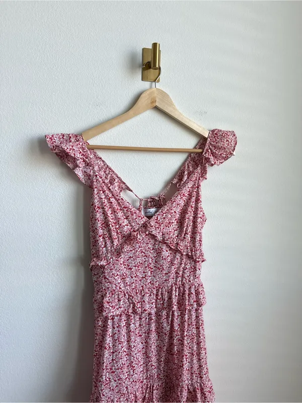 Petal + Pup Aspa Floral Tiered Midi Dress Pink Ruffle Tie Back Cotton Size 4 - Image 3