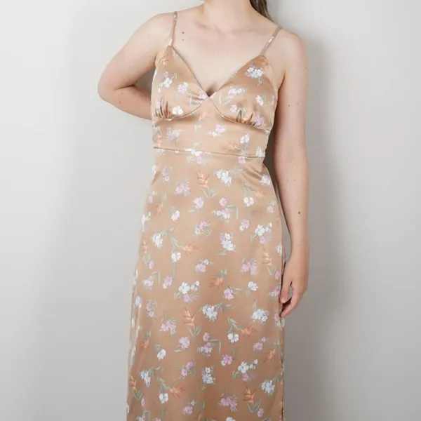 Pink Rose Floral Midi Dress Slit Side Open Tie Bow Back Spaghetti Strap Spring L - Image 7