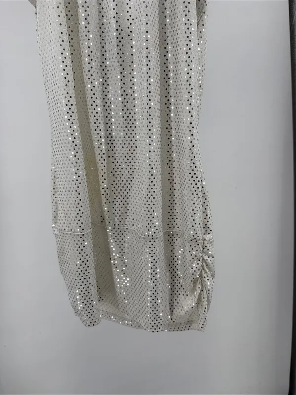 Lipstick Silver Sequin White Sleeveless banded Top ring detail L draped neck Y2K - Image 4