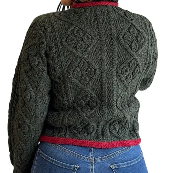 Lands’ End Vintage Shetland Wool Cardigan Green Pink Trim Cable Knit Jacket L - Image 2