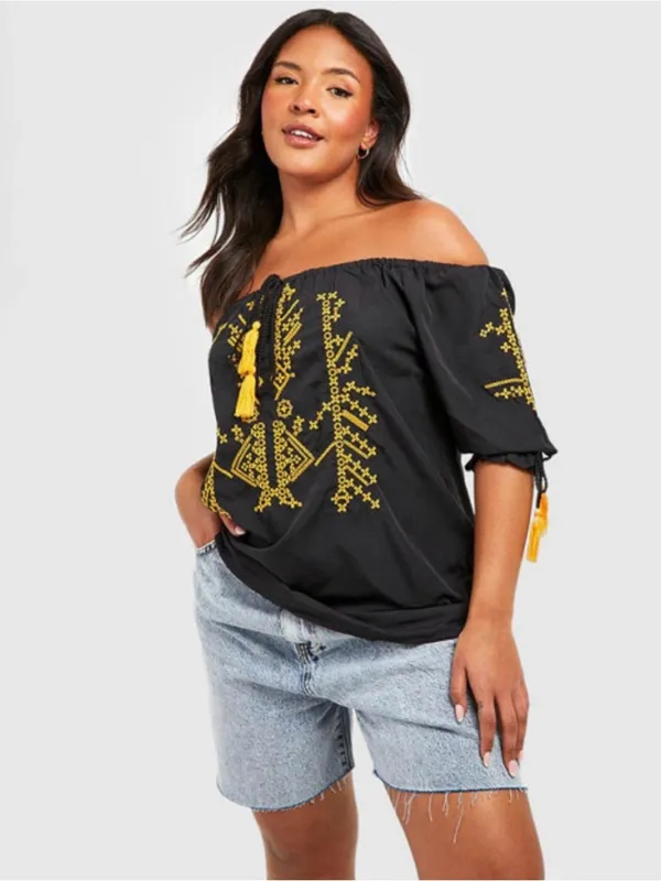 Boohoo Black Off-Shoulder Top with Yellow Artisanal Embroidery - Image 2