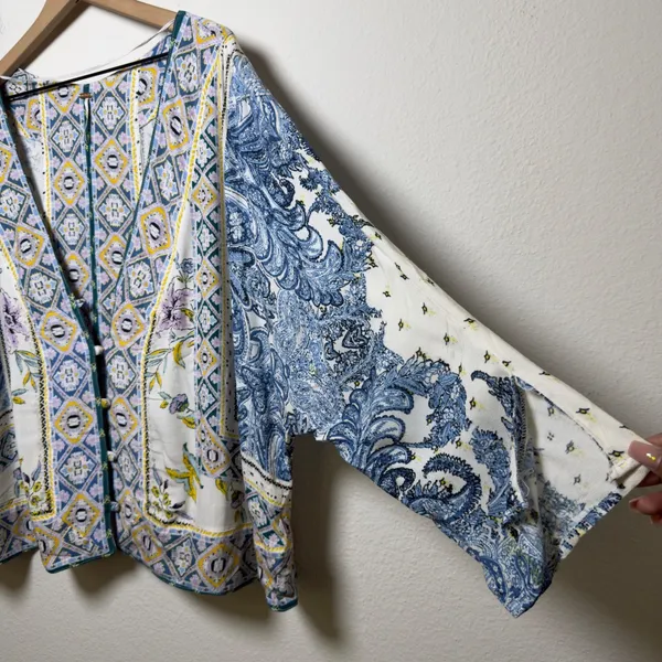 Free People Women Lola Floral Top Large Blue Patchwork Paisley‎ Button Front - Image 7