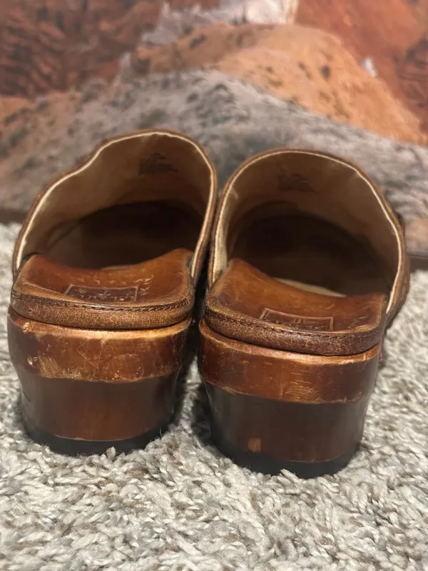 Frye Brown Distressed Leather Studded Clogs with Ring Strap - Image 6
