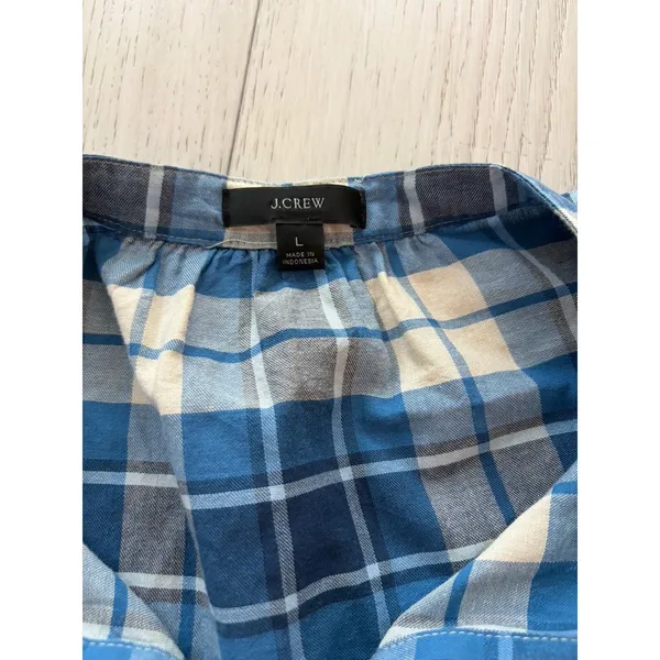 J.Crew Blue White Plaid Puff Sleeve Ruffle Blouse BB286 Womens Large Cotton - Image 2