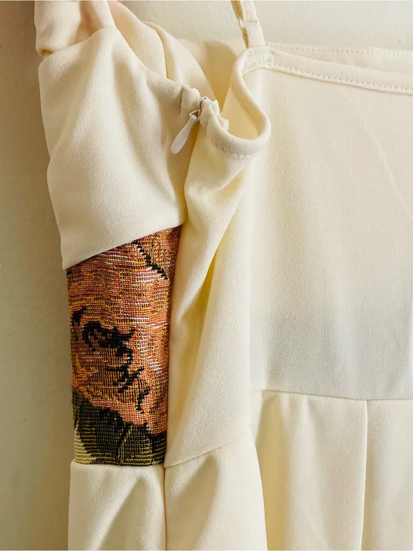 Floral Tapestry Waist Wide Leg Cream Jumpsuit Draped Neck Size M - Image 7