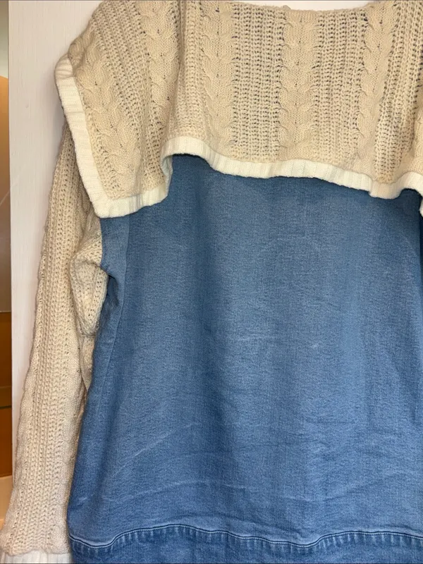 Ruby Rd Brand Blue Stretch Denim With Knit Sleeves And Collar Button Closure - Image 6