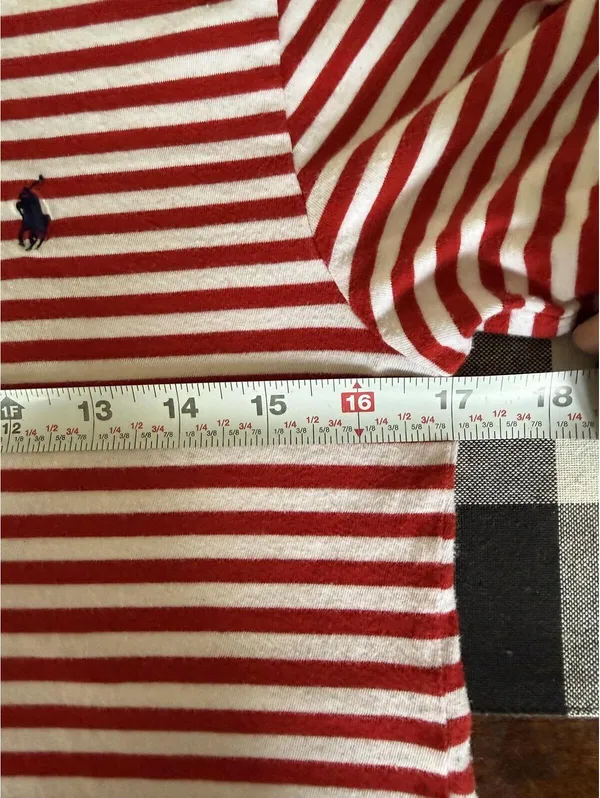 Polo Ralph Lauren Red & White Striped V-Neck T-Shirt, Navy Trim, Size M - Image 5