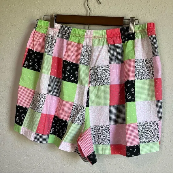 Patchwork Gingham Pink Green Floral Checkered Cotton Shorts Ladies Size 1X - Image 2