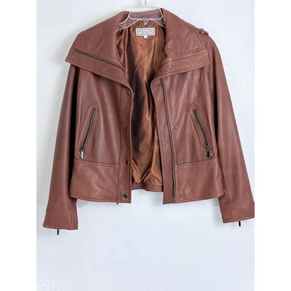 Y2K Vintage Leather Moto Jacket Cognac Brown Pelle Studio Funnel Neck M - Image 2