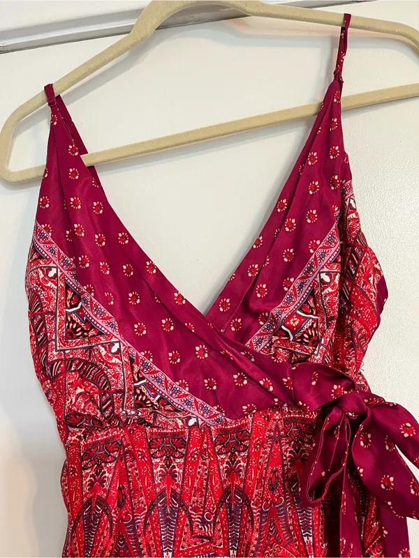 Free People Cabbage Rose Red pink Wide-Leg Wrap Jumpsuit size 0 paisley FLAWS - Image 4