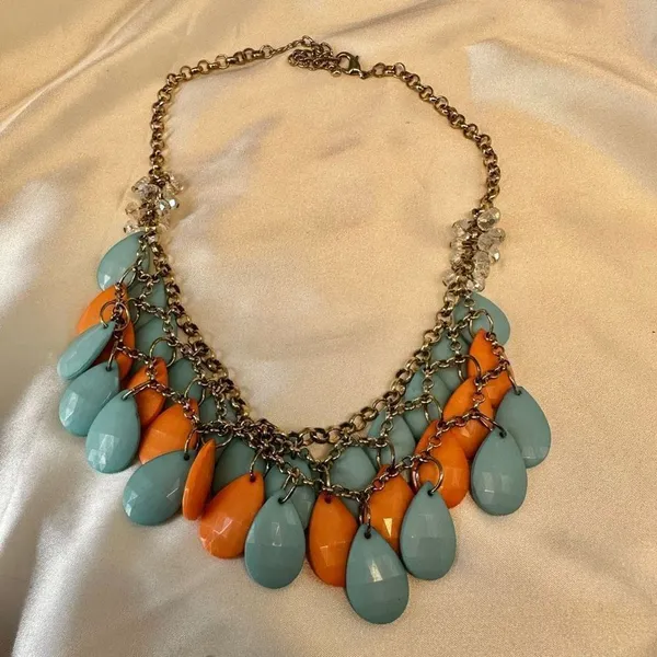 Orange and blue teardrop double strand statement necklace - Image 8