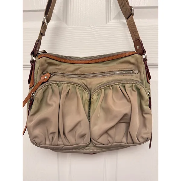 MZ Wallace Nylon Crossbody Bag Khaki Taupe Leather Trim Multi Pocket Utility - Image 3