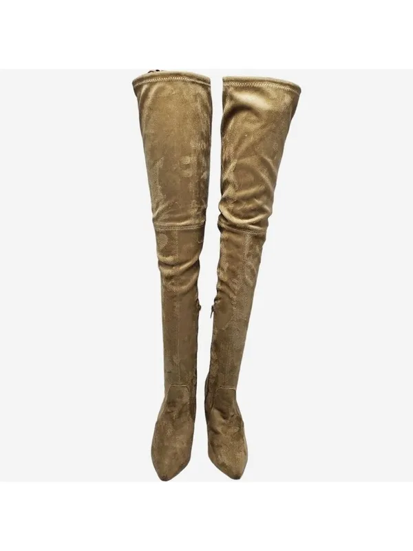 Suede Pointed Toe Over The Knees Thigh High Stretchy Heeled Boot - Image 11