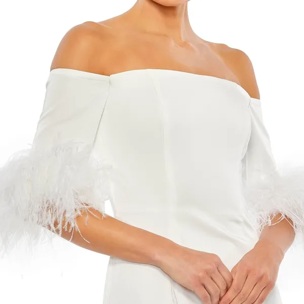 Mac Duggal Long Off Shoulder Feathers Formal Bridal Gown - Image 14