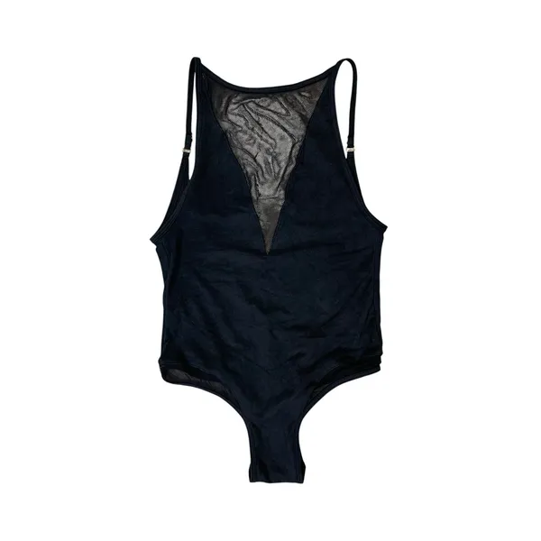 Les Coquines Black Mesh Bodysuit Womens Small Sheer Deep V Sleeveless - Image 2