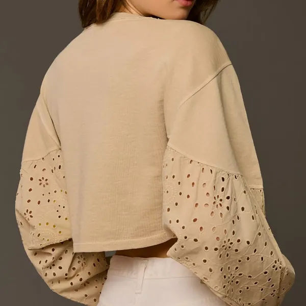 Pilcro Eyelet Sweatshirt batwing crop womens Beige (medium) boho anthropologie - Image 5