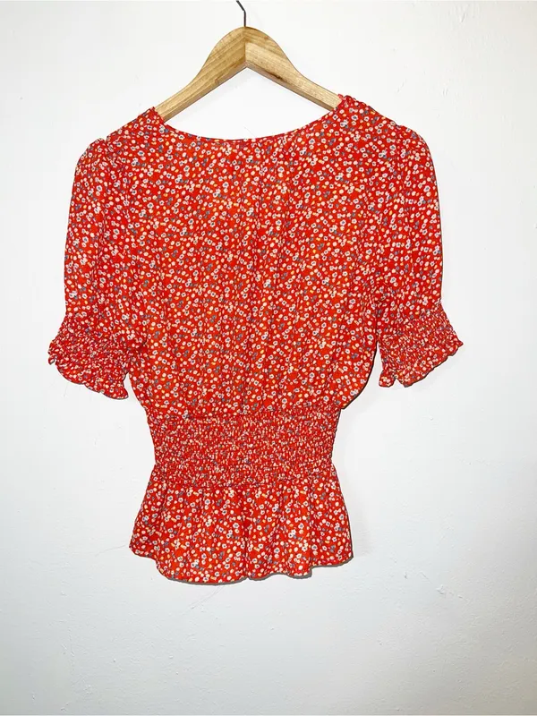 Sienna Sky Bright Orange Floral Smocked Peplum Short Sleeve Blouse - Image 8