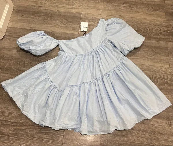 New Showpo Harleen Mini Dress Linen Asymmetrical Trim Puff Sleeve Dress Size XS - Image 6