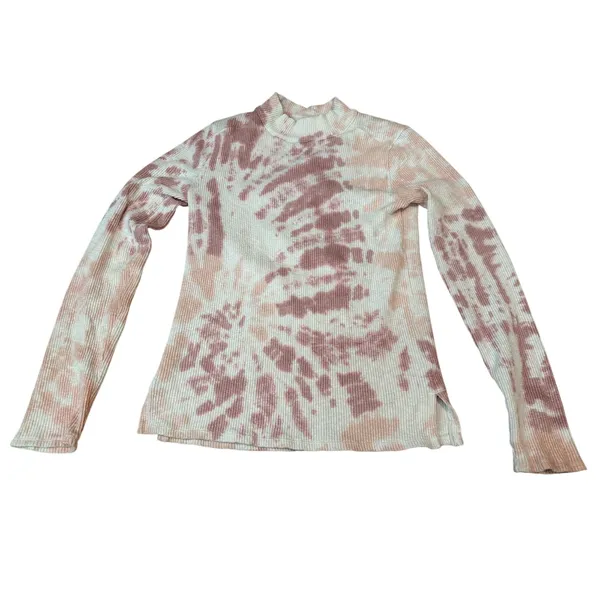 We The Free Free People Swirl Tie Dye Mock Neck Thermal Top L Pink Waffle Knit - Image 3