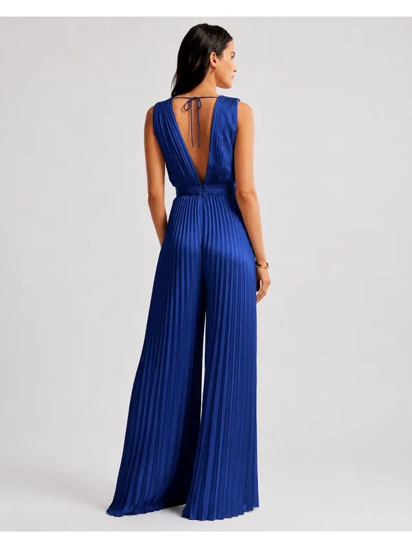 Abercrombie & Fitch Giselle Pleated Satin Jumpsuit Navy Blue XXSP Wide Leg - Image 2