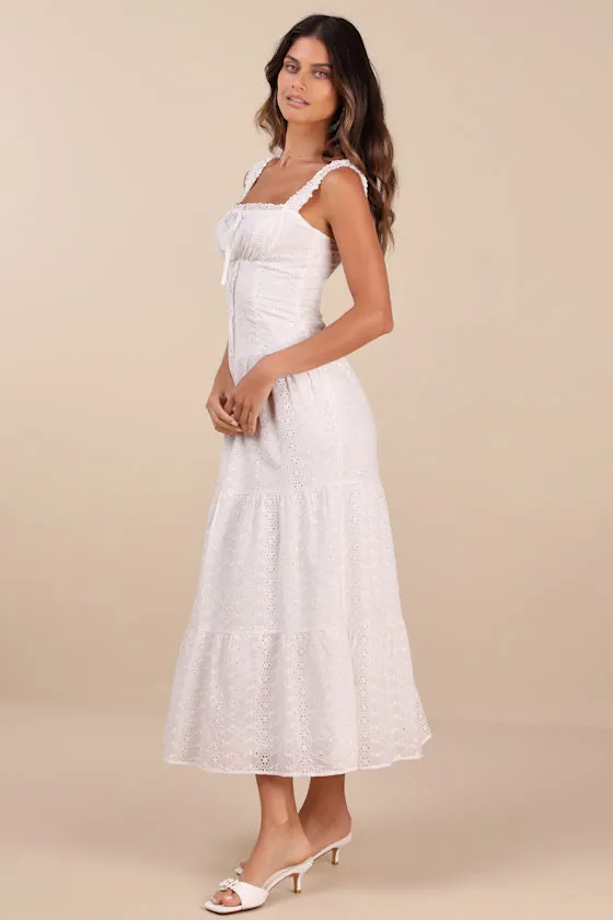 New Lulus Nerissa White Eyelet Embroidered Ruffled Drop Waist Midi Dress Size XS - Image 2