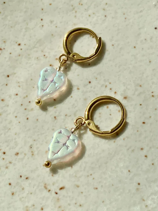 Handmade fairy cottage dainty simple Czech glass leaf dangle earrings🍃🩵 - Image 3