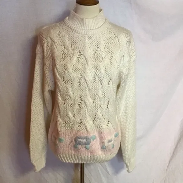 Vintage 80s Hand Knit Turtleneck Sweater | Cream Cable Knit Cottagecore - Image 8