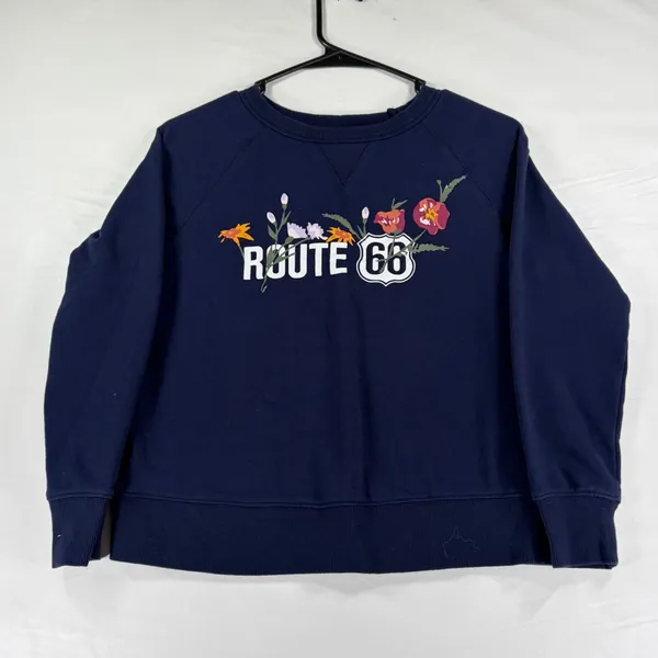 Route 66 Women's Navy Blue Floral Graphic Crewneck Sweatshirt XS Raglan Sleeve - Image 2