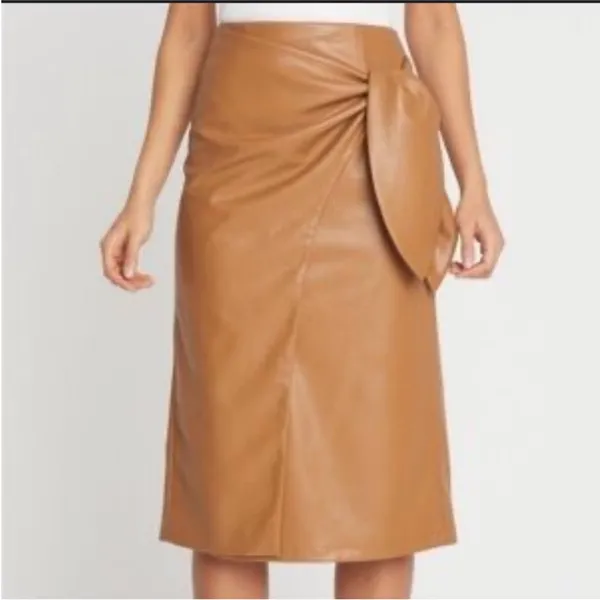 Choosy brand brown faux leather midi wrap skirt with side bow detail back zip L - Image 8