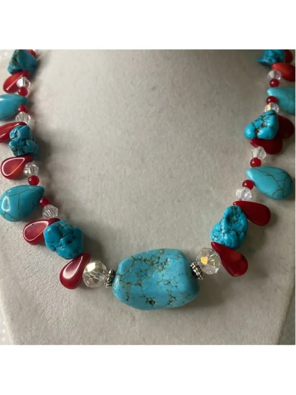 Artisan Jewelry Turquoise & Red Beaded Necklace | 18” - Image 5