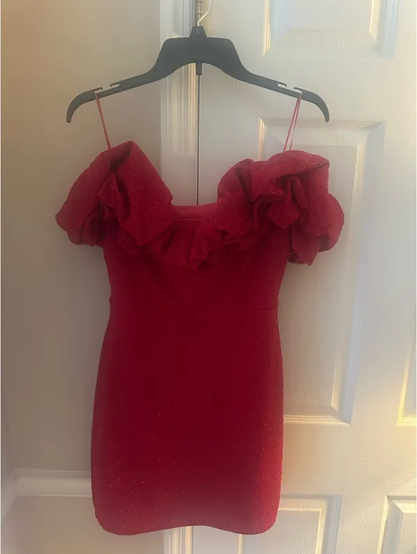 Red Ember Off-The-Shoulder Ruffle Glitter Party Dress HOCO - Image 4