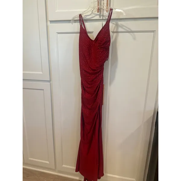 Ruby Red Rhinestone Ruched Prom Dress High Slit Formal Evening Gown Size 8 - Image 2